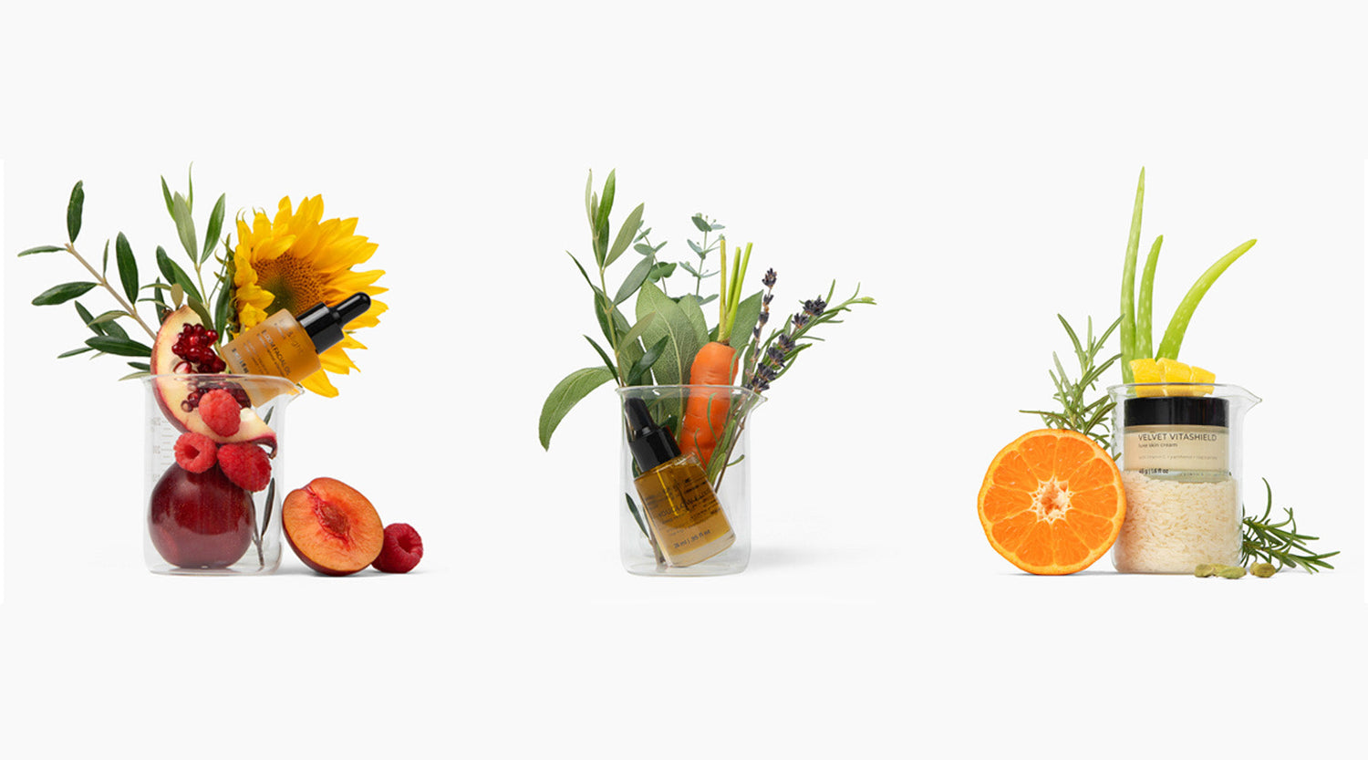 Three lab beakers with botanical skincare formulations