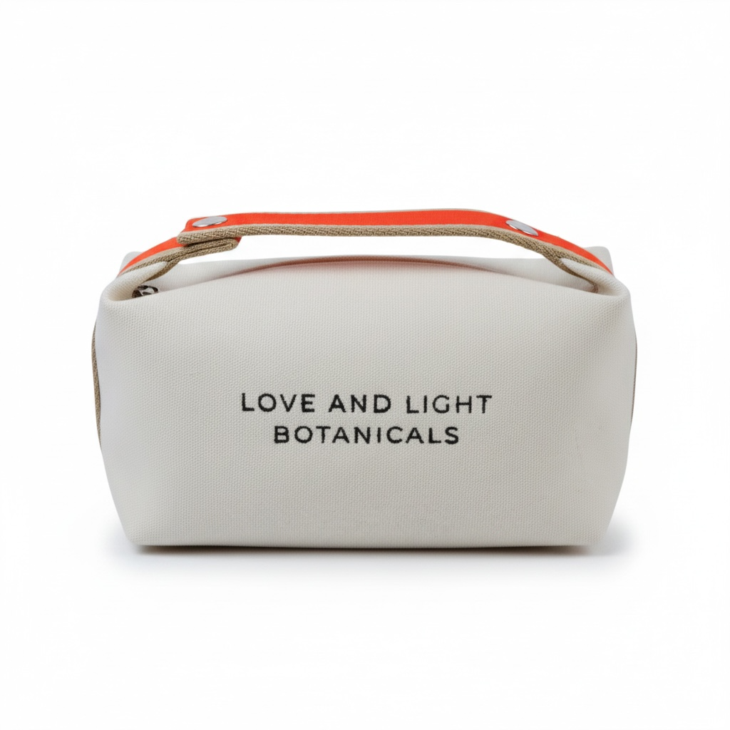 White hemp-jute cosmetic case with tangerine carry handle + embroidered Love and Light Botanicals logo, front view