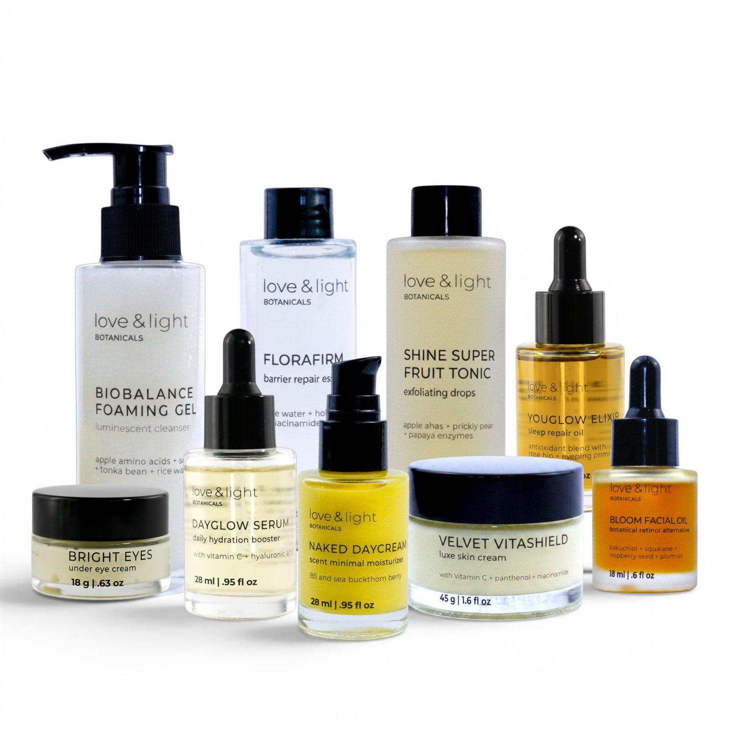The complete Love + Light Botanicals skincare routine — lifestyle flat lay